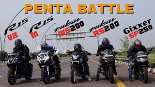 Pulsar RS200 vs Yamaha R15M vs Yamaha R15 V3 vs Suzuki Gixxer SF 250 vs Pulsar NS200 Drag Race [upl. by Ariat]