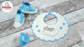 Bib Dummy and Converse Shoes out of fondant for a Christening Cake l Delicious Sparkly Cakes [upl. by Airel694]