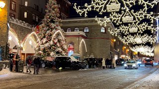 Christmas lights walk St Moritz Switzerland 🎄 4K winter snow walking tour ❄️ [upl. by Addia]