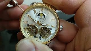 BINGER B8606 DOUBLE BALANCE WHEEL MOON PHASE AUTOMATIC WATCH UNBOXING [upl. by Guarino]