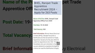 BHEL Ranipet Trade Apprentice Recruitment 2024  Apply for 263 Posts [upl. by Asteria]