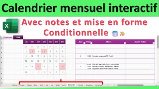 Excel Pros  Calendrier mensuel Interactif  Notes pour Planifier Rendezvous Réunions Projets👍 [upl. by Nabe161]