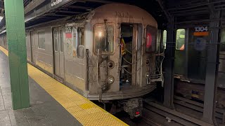 Wrong Railing Damaged R62a 1 Train Derailment train 21762180 being towed past Times Square 42nd St [upl. by Geesey]