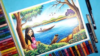 How to draw Beautiful scenery with human figure  with oil pastel step by step [upl. by Fadden]