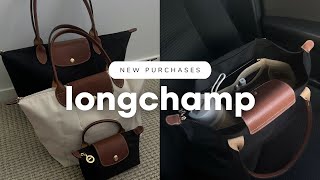 NEW TO ME Longchamp Le Pliage Medium Tote amp Pouch With Handle  My Thoughts On Each Size 👜🖤📦 [upl. by Leelah231]