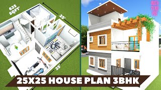 25X25 East Facing House Plan  2525 House Design 3D  25x25 3BHK with Parking  70 Gaj  625 SQFT [upl. by Eciened]