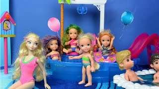 Anna and Elsa Toddlers Pool Party Movie Disco Swimming Water Slide Pizza Dance Ariel Toys amp Dolls [upl. by Shanda]