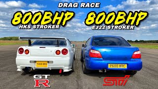 ENDS BADLY 800HP R34 NISSAN GTR v 800HP SUBARU IMPREZA WRX STI [upl. by Darren396]