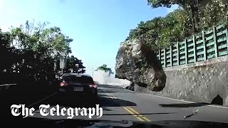 Moment boulder strikes car during Taiwan earthquake [upl. by Laval]