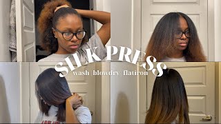 HOW TO Silk Press on Natural Hair at HOME  Curly to Straight Detailed  No Frizz [upl. by Ateloiv]