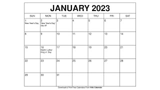 Free Printable January 2023 Calendar Templates With Holidays  Wiki Calendar [upl. by Eedna231]