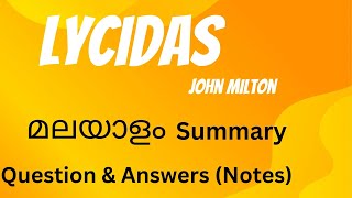 Lycidas by John Milton Malayalam Summary and Question answers [upl. by Ahsehat]