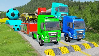 Double Flatbed Trailer Truck vs Speedbumps Train vs Cars  Tractor vs Train BeamngDrive 058 [upl. by Skcirdnek]