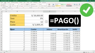 Función Pago en Excel Calculo de cuota de un préstamo basado en pagos y tasa de interés constantes [upl. by Dnilasor71]