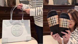 Tory Burch Ella Tote 👜 Unboxing  Burberry Vintage Check Slides Unboxing  thedangitfam7799 [upl. by Sidras]