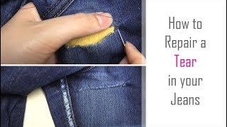 How to Repair a Tear in Jeans  Hand Sew a Repair in Clothing  Easy Tutorial for Beginners [upl. by Atalie]