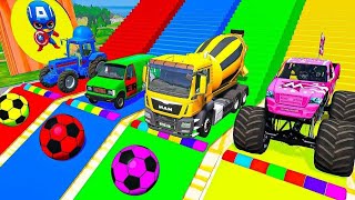 Double Flatbed Trailer Truck vs Speedbumps Train vs Cars Tractor vs Train BeamngDrive [upl. by Fenn]