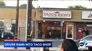 Woman uses car to destroy Canoga Park taco restaurant [upl. by Einnahc851]