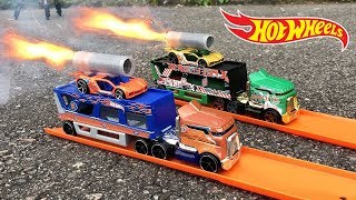 HOT WHEELS TRANSPORTER TRUCKS ROCKET POWERED RACE [upl. by Enitsirhc]