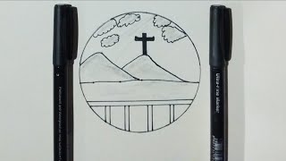 How to draw a mountain cross  circle drawing cross  drawing scenery [upl. by Rhodes]