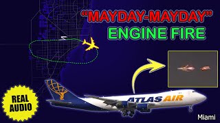 ENGINE FIRE shortly after takeoff Atlas Air Boeing 747 returns to Miami with MAYDAY Real ATC [upl. by Meensat]