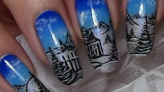 Winter Landscape Nail Art Design tutorial for long nails  Winter Nails [upl. by Geehan635]