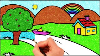 How to Draw Simple Landscape Picture  Glitter Painting for Kids  HooplaKidz How To [upl. by Salakcin472]