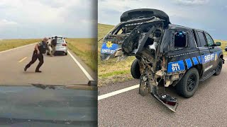 Car Crashes Into Police Car in the Middle of Empty Highway [upl. by Theta]