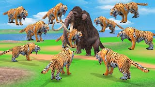 Five Giant Tigers Vs 5 Big Bulls Fight Attack Cow Buffaloes Cartoon Saved by Woolly Mammoth Elephant [upl. by Knowles]