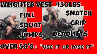 SNATCH GRIP DEADLIFTS amp PLYOMETRIC FULL SQUAT WEIGHTED VEST JUMPS TO ELEVATED BENCH [upl. by Lord]