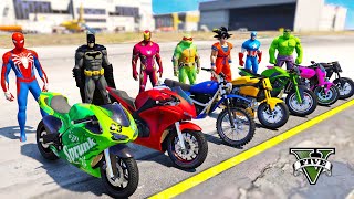 SPIDERMAN Racing Motorcycles Epic New Stunts Challenge with Superheroes Motos Jump Over Airport Ramp [upl. by Orsa]