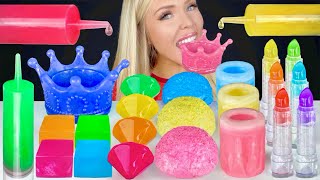 ASMR Rainbow Food Square Jelly Edible Crown Wax Candy Sour Strips Snoballs Syringe Mukbang 먹방 [upl. by Merwyn]