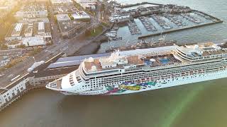 NCL Norwegian Jewel cruise ship at Pier 35 San Francisco aerial 4K [upl. by Maddy714]