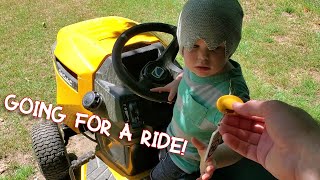 Lawn Mower Videos for Toddlers  2 YO Helps Gas Start and Drive Riding Mower Cub Cadet lawnmower [upl. by Newfeld]