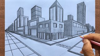 How to Draw using Two Point Perspective Draw a Town Stepbystep [upl. by Euqinobe]