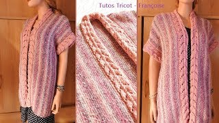 Tuto tricot gilet Femme sans manches point mousse et bandes ajourées taille 38 40  4244  4648 [upl. by Lebatsirc]