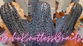 How To Boho Knotless Box Braids With Human Hair Curls  Hair Detals  How Many Pieces Added [upl. by Ahsikcin]