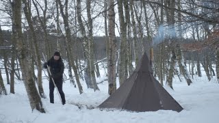 Bushcraft trip  hot tent snow homemade axe and knife basecamp wildlife [upl. by Dumm628]