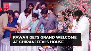 Pawan Kalyan gets grand welcome at brother Chiranjeevis house after his victory in AP elections [upl. by Larner]