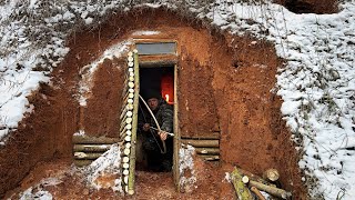 Building a Cave Primal Shelter  Cozy and Warm House Underground with Stove Bushcraft Construction [upl. by Thorrlow]