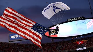 360° Parachute into GEHA Field at Arrowhead Stadium with The Wings of Blue  Week 5 2022 [upl. by Frodina]