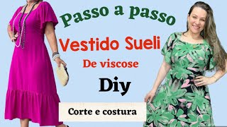 VESTIDO SUELI DE VISCOSE COM BABADO E MANGA SOLTINHA CORTE E COSTURA SEM MOLDE costurafácil [upl. by Esenej]