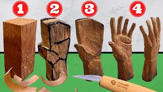 🖐️​ 5 Steps for CARVE a HAND in Wood EASILY Whittling and WOOD CARVING for beginners [upl. by Ahsekin]