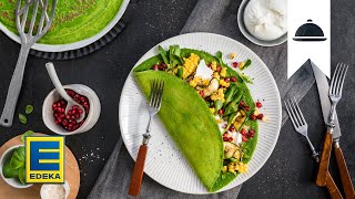 Spinat Crêpes Rezept I Herzhafte Pfannkuchen mit gegrilltem Gemüse und Mozzarella  EDEKA [upl. by Bollen]