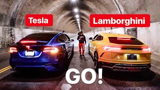 LAMBORGHINI URUS VS TESLA ELECTRIC MODEL X LUDICROUS DRAG RACE [upl. by Qerat503]