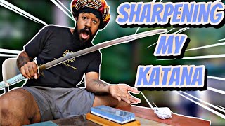 HOW TO SHARPEN A KATANA Beginner Sharpening A Custom Katana amp Hitsugaya Katana katana [upl. by Settera]