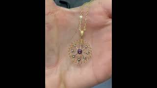 Art Nouveau 10K Gold Amethyst Seed Pearl Lavaliere Necklace [upl. by Ecyt]