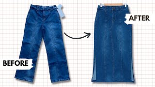 How to Transform Your Jeans into a Maxi Denim Skirt with Side Slits  DIY Pants Reconstruction [upl. by Kaile384]