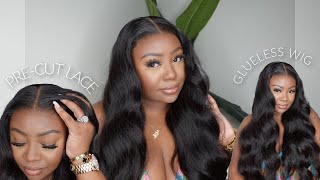 GLUELESS PRECUT LACE BODY WAVE LACE INSTALL  WIG FEVER [upl. by Oterol413]