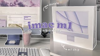 🖥 iMac m1 24’ purple 2021 unboxing 📦  desk tour 🪴 ASMR amp aesthetic [upl. by Nealon742]